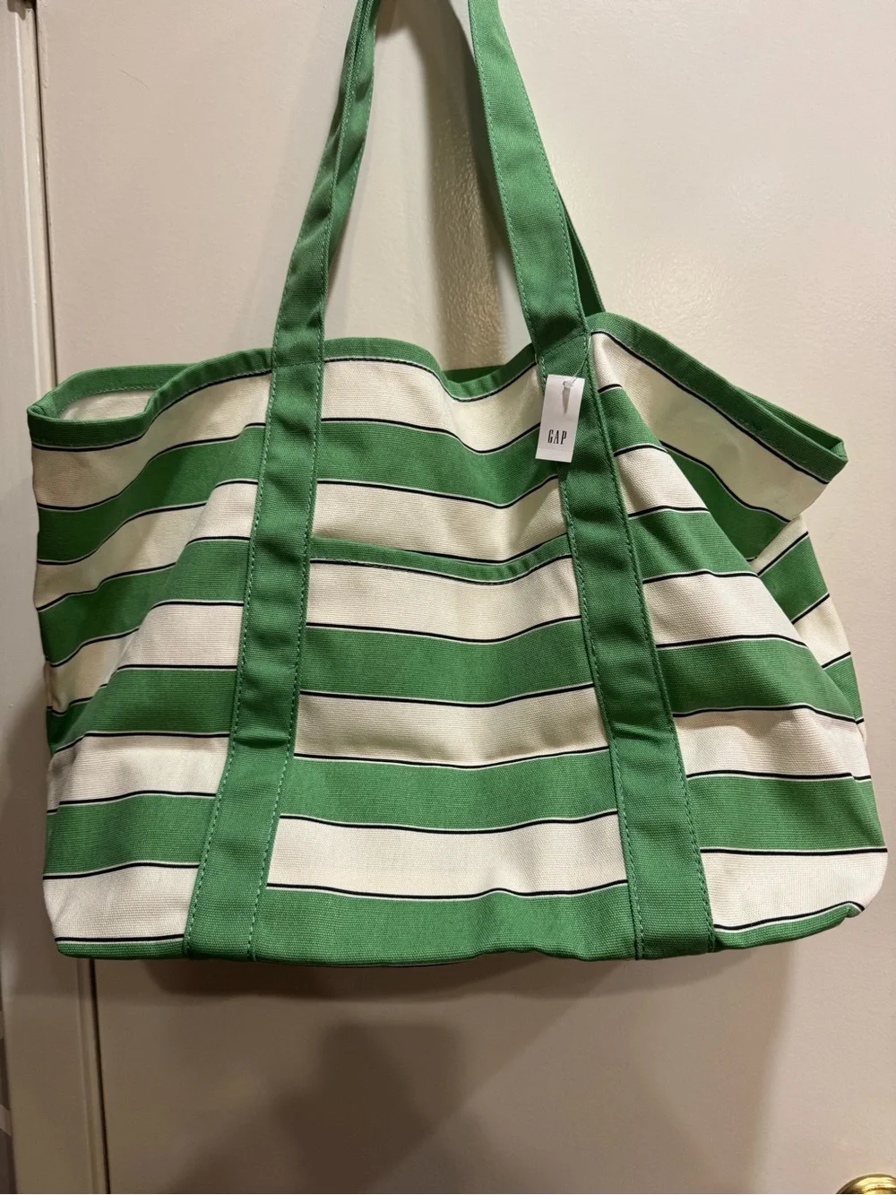 NWT GAP Green and White Striped Canvas Tote with Interior Pocket